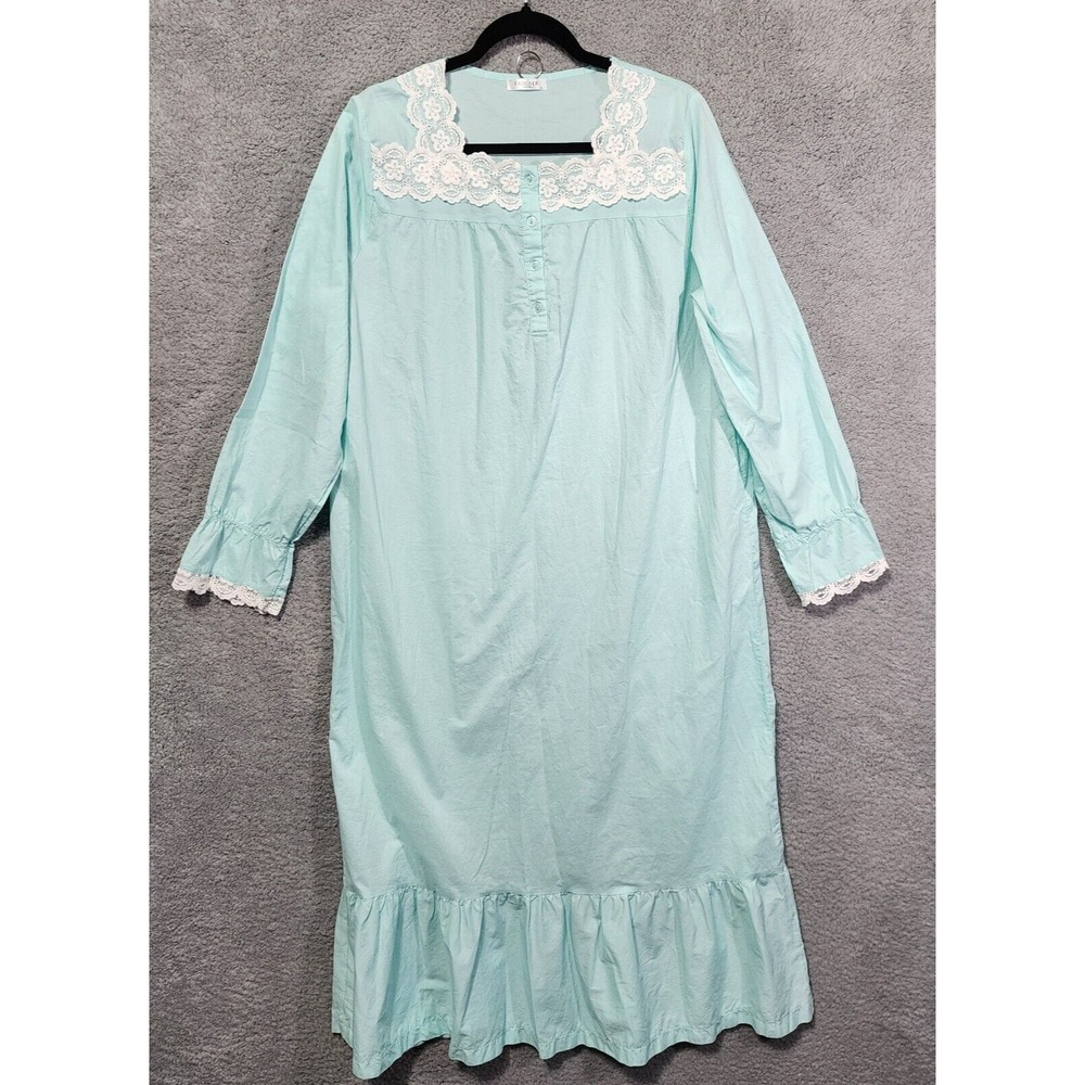 Ekouaer Womens Nightgown House Dress Lounge Wear Turquoise Ruffles Lace XL